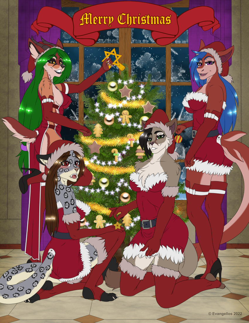 2022 5_fingers antelope anthro armwear belt black_nose blue_hair blush bovid breasts brown_body brown_fur chest_tuft christmas christmas_clothing christmas_headwear christmas_tree claws clothed clothing cougar cynthia_muunas digital_media_(artwork) dress english_text evangellos_(artist) felid feline female finger_claws fingers fish footwear fur gazelle green_hair grey_body grey_fur grin group hair hannah_artaje hat headgear headwear hexagram hi_res high_heels hindpaw holidays humanoid_hands jessica_(evangellos) kneeling legwear mammal marine multicolored_body multicolored_fur on_one_knee open_mouth open_smile pantherine paws plant rahel_efrayim red_body red_skin santa_dress santa_hat shark smile snow_leopard spots spotted_body spotted_fur standing stockings symbol tabard tan_body tan_fur teeth text thigh_highs toe_claws tree tuft two_tone_body two_tone_fur white_body white_fur