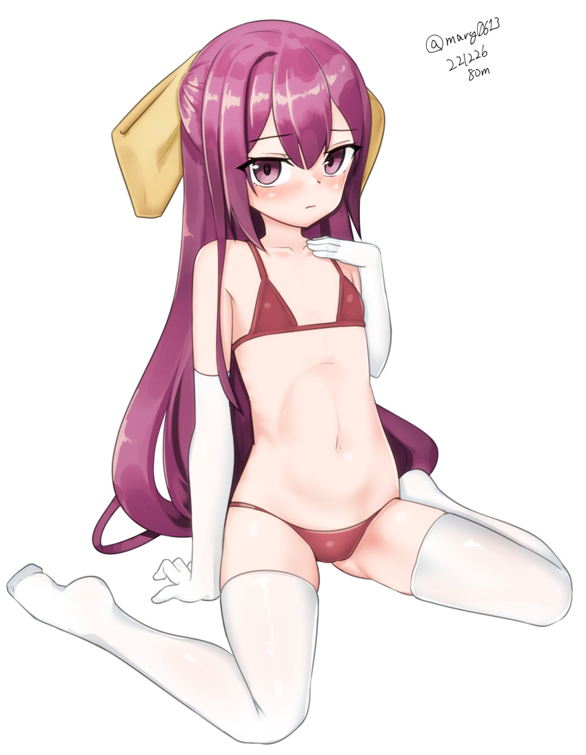 1girl absurdres bikini bow dated flat_chest hair_bow highres kamikaze_(kancolle) kantai_collection long_hair looking_at_viewer maru_(marg0613) one-hour_drawing_challenge purple_eyes purple_hair red_bikini simple_background sitting solo swimsuit thighhighs twitter_username wariza white_background white_thighhighs yellow_bow