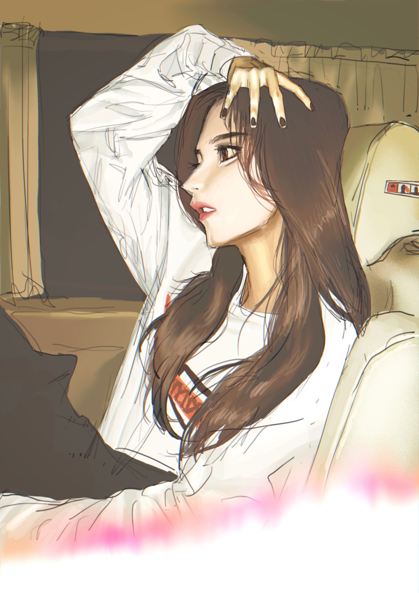 1girl absurdres black_nails black_pants brown_eyes brown_hair from_side highres jiangkang_meizi k-pop long_sleeves looking_ahead nose pants parted_lips real_life realistic red_lips sana_(twice) shirt sketch solo twice_(group) vehicle_interior white_shirt