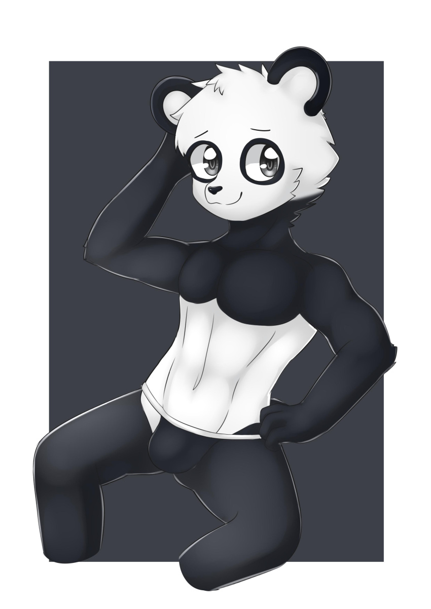 absurd_res anthro bear black_body black_fur black_nose border bulge cheek_tuft closed_smile clothed clothing facial_tuft front_view fur giant_panda glistening glistening_eyes grey_background grey_eyes hand_behind_head hand_on_hip head_tuft hi_res kewkungzn male mammal monmon20028 mouth_closed neck_tuft simple_background solo topless tuft unsigned white_body white_border white_fur young