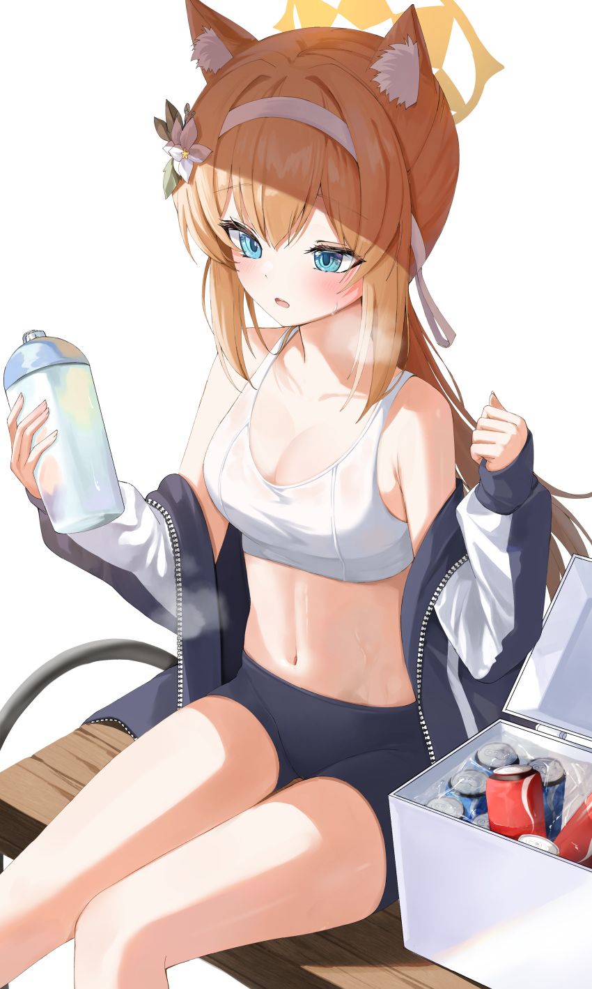 1girl absurdres bangs bare_shoulders black_shorts blonde_hair blue_archive blue_eyes blue_jacket blush bottle bra breasts cleavage coca-cola collarbone cooler feet_out_of_frame flower gr_greeze gym_shorts hair_flower hair_ornament halo headband highres holding_water jacket light long_sleeves looking_down mari_(blue_archive) mari_(gym_uniform)_(blue_archive) navel off_shoulder on_bench open_clothes open_jacket open_mouth shade short_shorts shorts sidelocks simple_background sitting solo underwear water_bottle white_background white_bra white_flower white_headband