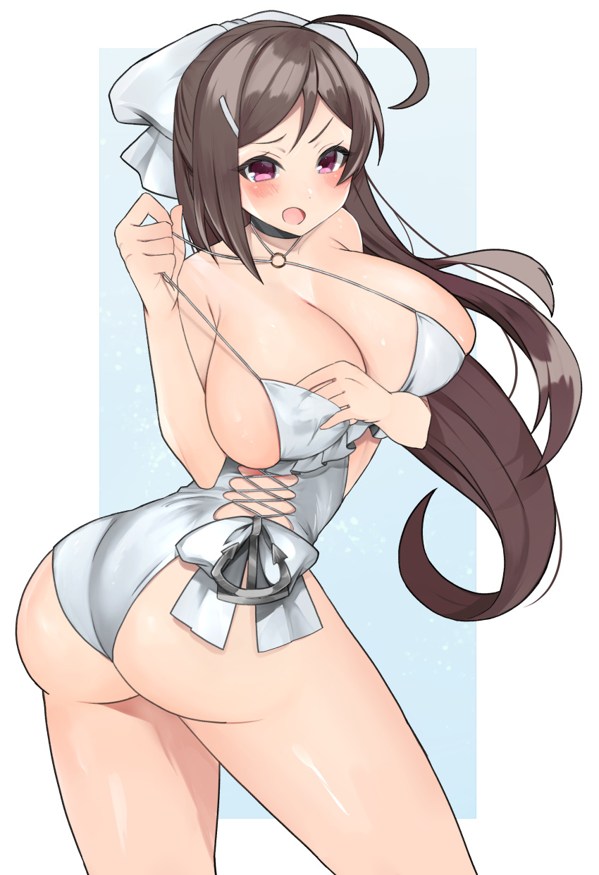 1girl absurdres breasts brown_hair casual_one-piece_swimsuit choker cosplay cowboy_shot criss-cross_halter flower frilled_swimsuit frills hair_flower hair_ornament hair_ribbon hairband hairclip halterneck highleg highleg_swimsuit highres huge_breasts kantai_collection long_hair looking_at_viewer mamiya_(kancolle) one-piece_swimsuit pink_eyes pulled_by_self ribbon sagiri_(kancolle) sagiri_(kancolle)_(cosplay) side-tie_swimsuit solo strap_pull swimsuit toeless_footwear toriniku_senshi_chikinman waving white_choker white_one-piece_swimsuit