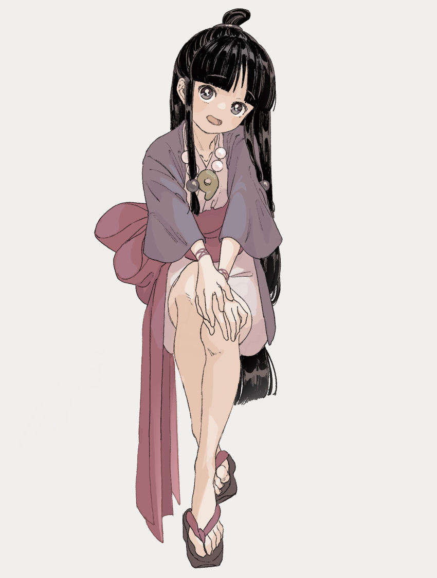 1girl ace_attorney bangs black_hair blunt_bangs full_body grey_background hair_ornament hands_on_own_knees hanten_(clothes) highres jacket japanese_clothes jewelry kimono long_hair long_sleeves looking_at_viewer magatama maya_fey necklace obi omen_hohoho open_mouth parted_bangs pink_sash purple_jacket sandals sash short_kimono sidelocks simple_background sitting solo