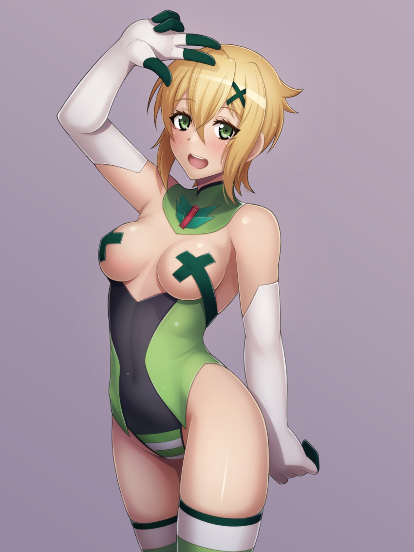 1girl adapted_costume akatsuki_kirika alfort_(may0508) blonde_hair blush breasts breasts_out covered_navel covered_nipples gloves green_eyes green_leotard hair_ornament highres leotard medium_breasts open_mouth senki_zesshou_symphogear shiny shiny_hair shiny_skin short_hair smile solo striped striped_thighhighs thighhighs v x_hair_ornament