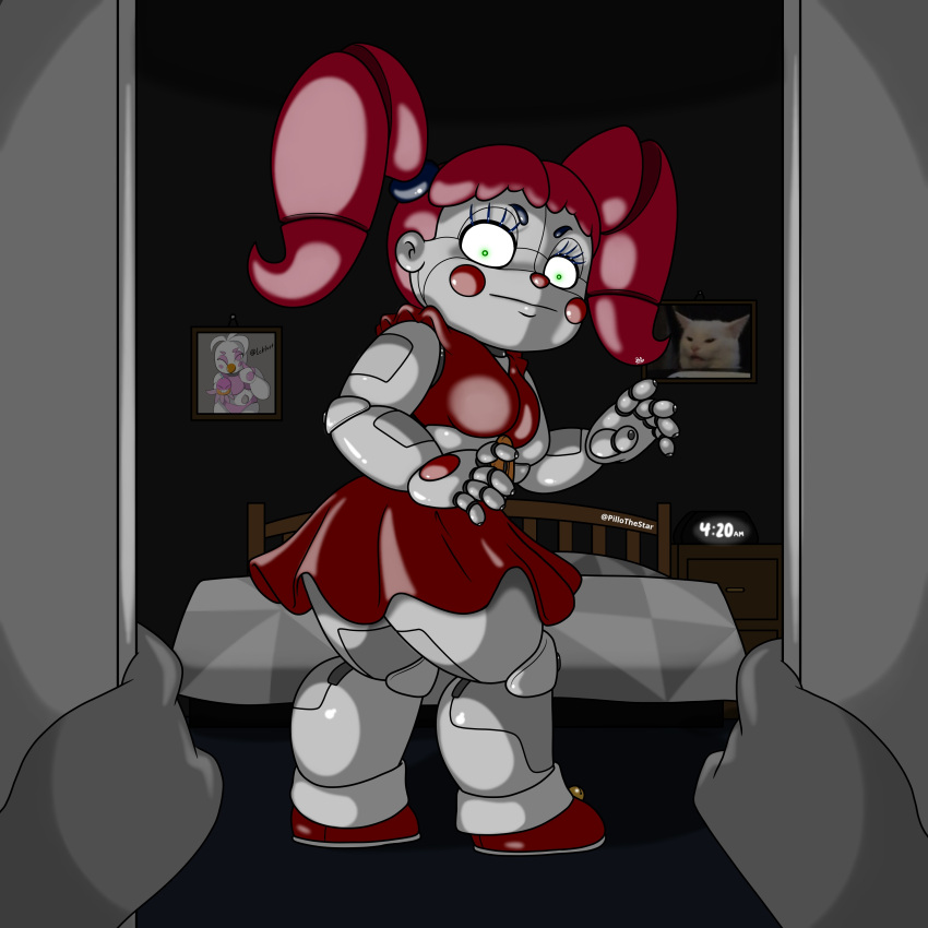 absurd_res animatronic anon bed bedroom big_breasts big_butt blush bottomwear breasts butt chica_(fnaf) chubby_female circus_baby_(fnaf) clock closet clothed clothing clown crop_top disembodied_hand eyebrows felid feline female first_person_view five_nights_at_freddy's footwear freddy_fazbear's_pizzeria_simulator funtime_chica_(fnaf) furniture green_eyes hair hi_res humanoid lips looking_at_viewer looking_back machine mammal meme model_sheet not_furry picture_frame picture_in_picture pigtails pillothestar rear_view red_cheeks red_clothing red_footwear red_hair red_shoes robot robot_humanoid scottgames shirt shoes sister_location skirt solo surprised_expression thick_bottom_lip thick_eyebrows thick_thighs topwear white_body wide_hips