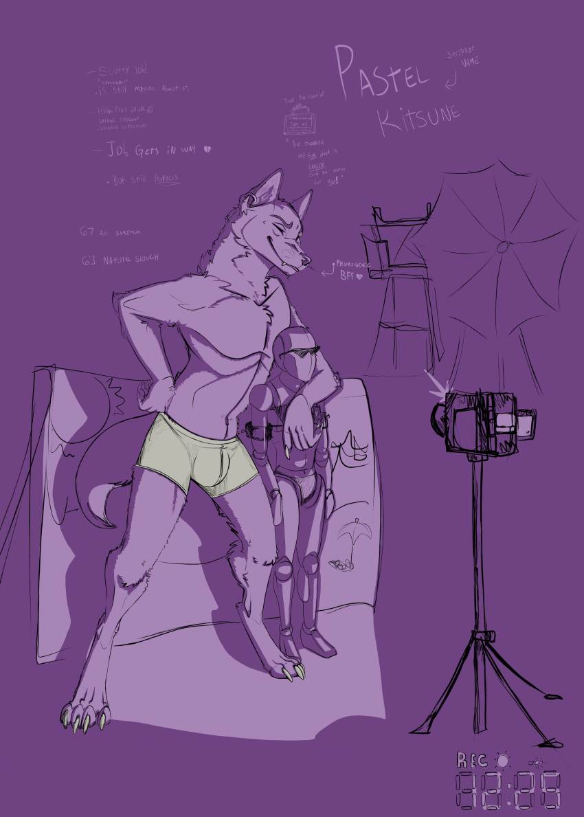 absurd_res anonymous_artist anthro canid canine duo ear_piercing fox fur hi_res humanoid intersex intersex/intersex male mammal mannequin piercing pink_background pink_body pink_fur recording simple_background size_difference