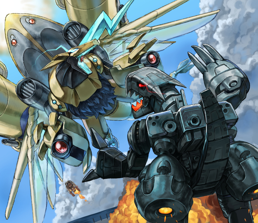 absurdres aegisdramon battle beard black_sclera blue_sky boots brown_footwear brown_gloves brown_hair claws cloud colored_sclera commentary day digimon digimon_(creature) eye_trail facial_hair flying gloves highres horns level-00 light_trail looking_at_another mecha mugendramon nanimon no_humans non-humanoid_robot open_mouth outdoors red_eyes robot sharp_teeth short_hair shoulder_cannon sky smoke sunglasses teeth wings