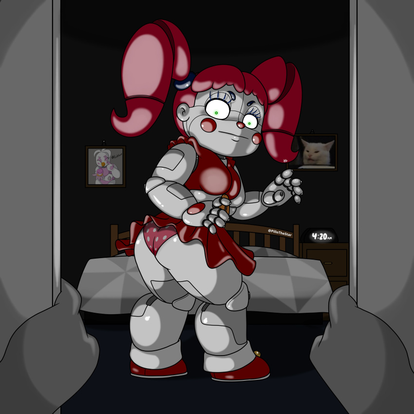 absurd_res animatronic anon bed bedroom big_breasts big_butt blush bottomwear breasts butt butt_focus chica_(fnaf) chubby_female circus_baby_(fnaf) clock closet clothed clothing clown crop_top disembodied_hand eyebrows felid feline female first_person_view five_nights_at_freddy's footwear freddy_fazbear's_pizzeria_simulator funtime_chica_(fnaf) furniture green_eyes hair hi_res humanoid lips looking_at_viewer looking_back machine mammal meme model_sheet not_furry panties picture_frame picture_in_picture pigtails pillothestar polka_dot_panties polka_dots rear_view red_cheeks red_clothing red_footwear red_hair red_shoes robot robot_humanoid scottgames shirt shoes sister_location skirt solo surprised_expression thick_bottom_lip thick_eyebrows thick_thighs topwear underwear upskirt white_body wide_hips