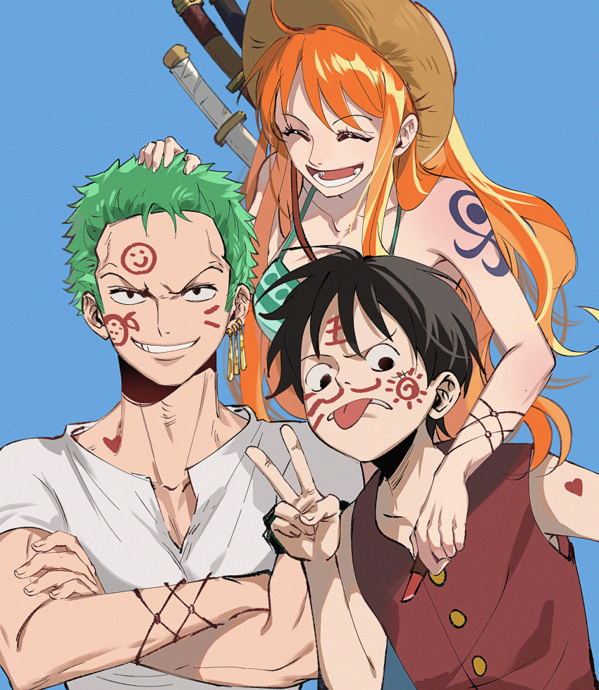 1girl 2boys absurdres bikini black_hair buttons closed_eyes drawing_on_another's_face dududu earrings emoji food fruit green_hair grin hand_on_another's_shoulder hat heart highres jewelry lipstick long_hair looking_at_viewer makeup mandarin_orange monkey_d._luffy multiple_boys multiple_earrings nami_(one_piece) one_piece open_mouth red_hair red_shirt roronoa_zoro shirt short_hair short_sleeves shoulder_tattoo sleeveless sleeveless_shirt smile sun_print swimsuit sword tattoo tongue tongue_out v v-shaped_eyebrows weapon white_shirt