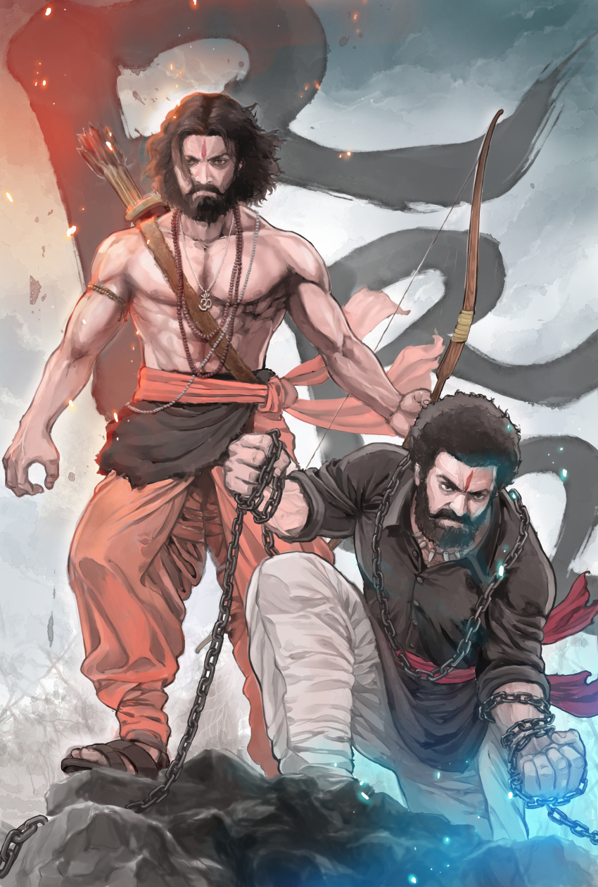 2boys abs absurdres alluri_sitarama_raju bare_shoulders beard black_shirt bow_(weapon) chain commentary copyright_name english_commentary esojima_gary facial_hair highres holding holding_bow_(weapon) holding_weapon indian jewelry komaram_bheem multiple_boys necklace rrr_(movie) sandals serious shirt short_hair standing weapon