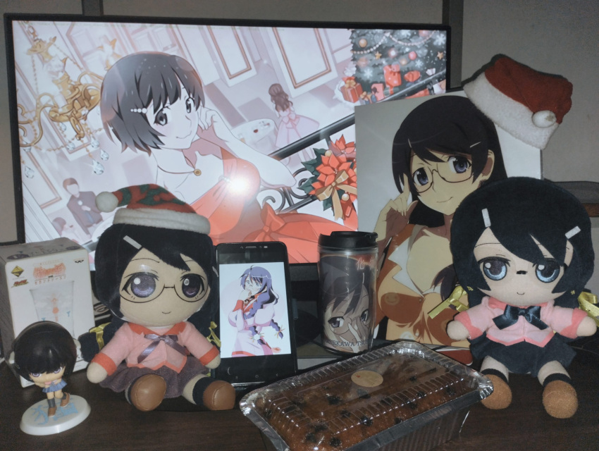 1boy 2d_dating 3girls anime_screencap black_hair blue_eyes cake cellphone chibi christmas christmas_tree dress figure food fumo_(doll) gift glasses hanekawa_tsubasa hat highres monogatari_(series) multiple_girls naoetsu_high_school_uniform phone photo_(medium) red_dress santa_hat school_uniform smartphone