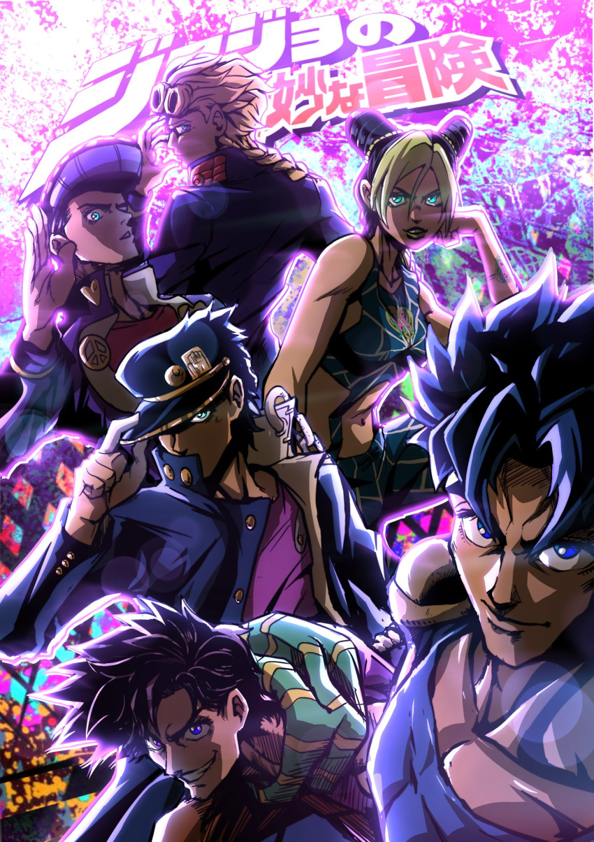 adjusting_clothes adjusting_headwear aqua_eyes backlighting batm_andrew battle_tendency black_hair blonde_hair blue_eyes blue_hair braid chain copyright_name covered_mouth double_bun gakuran giorno_giovanna green_eyes grin hair_bun hat head_rest higashikata_josuke highres jojo_no_kimyou_na_bouken jonathan_joestar joseph_joestar joseph_joestar_(young) kujo_jolyne kujo_jotaro lipstick makeup multicolored_hair muscular muscular_male peace_symbol phantom_blood pin pompadour purple_hair scarf school_uniform single_braid smile stardust_crusaders stone_ocean striped striped_scarf two-tone_hair vento_aureo