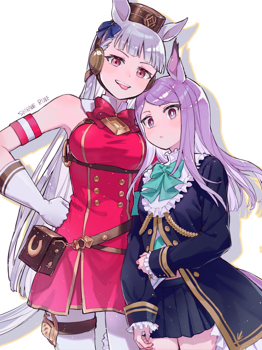 2girls :o absurdres animal_ears armband artist_name bag black_coat black_skirt bow bowtie breasts coat cowboy_shot gloves gold_ship_(umamusume) grey_hair hand_on_hip highres horse_ears horse_girl horse_tail jacket long_hair looking_at_viewer medium_breasts mejiro_mcqueen_(umamusume) multiple_girls open_mouth pants purple_eyes purple_hair red_eyes red_jacket shirane_rine skirt sleeveless sleeveless_jacket tail teeth thigh_strap tongue tongue_out umamusume white_gloves white_pants