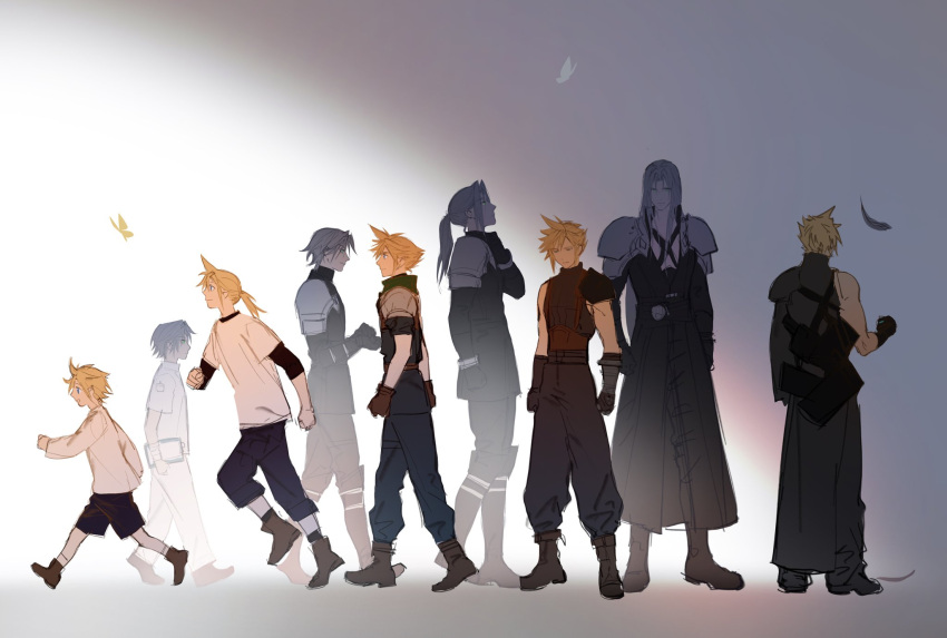 age_progression aged_down armor baggy_pants bangs belt black_gloves black_jacket blonde_hair blue_pants brown_gloves bug butterfly chest_strap cloud_strife facing_away falling_feathers final_fantasy final_fantasy_vii final_fantasy_vii_advent_children final_fantasy_vii_ever_crisis final_fantasy_vii_remake full_body gloves grey_hair highres jacket long_hair long_jacket low_ponytail male_child medium_hair multiple_belts multiple_views pants parted_bangs ponytail scarf sephiroth shirt shirt_under_shirt short_hair shorts shoulder_armor sleeves_rolled_up spiked_hair standing suspenders walking white_shirt xianyu314