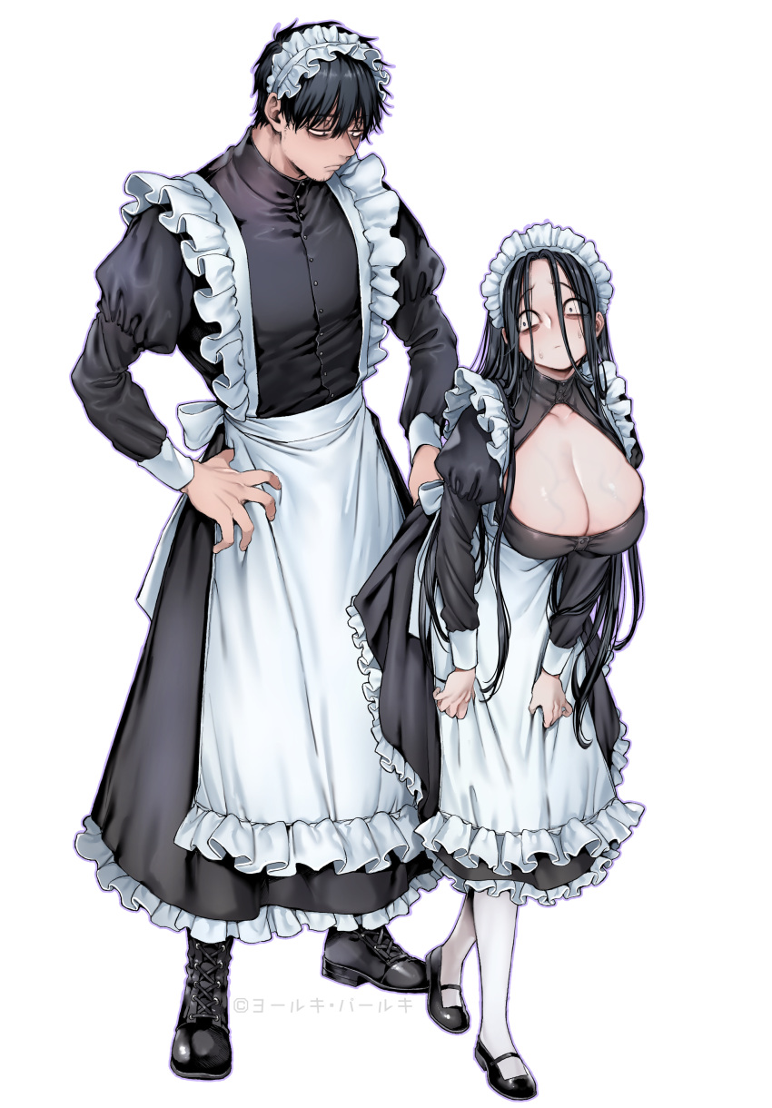 1boy 1girl absurdres black_eyes black_hair breasts highres large_breasts long_hair maid maid_headdress original rororogi_mogera sleepy tall_male