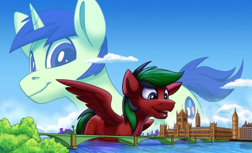 2022 black_hair black_tail blue_eyes blue_hair blue_tail castle city cloud crimson_fall_(oc) cutie_mark digital_media_(artwork) duo equid equine fan_character feathered_wings feathers feral green_body green_hair green_tail hair hasbro hi_res horn kosmos_(oc) looking_down macro male mammal multicolored_hair my_little_pony pegasus red_body red_feathers size_difference smile tsitra360 two_tone_hair two_tone_tail unicorn unicorn_horn water wings