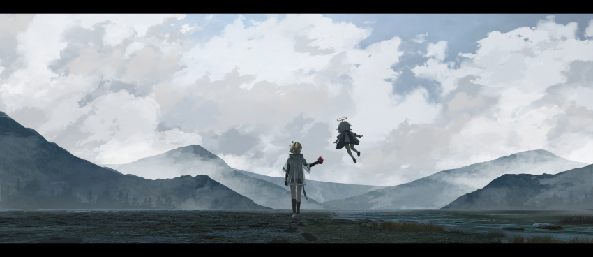 2girls absurdres alternate_costume blonde_hair capelet cloud cloudy_sky day dress floating genshin_impact grass halo highres icyee lumine_(genshin_impact) mountain multiple_girls outdoors paimon_(genshin_impact) scenery shoes shorts sky very_wide_shot white_dress white_hair