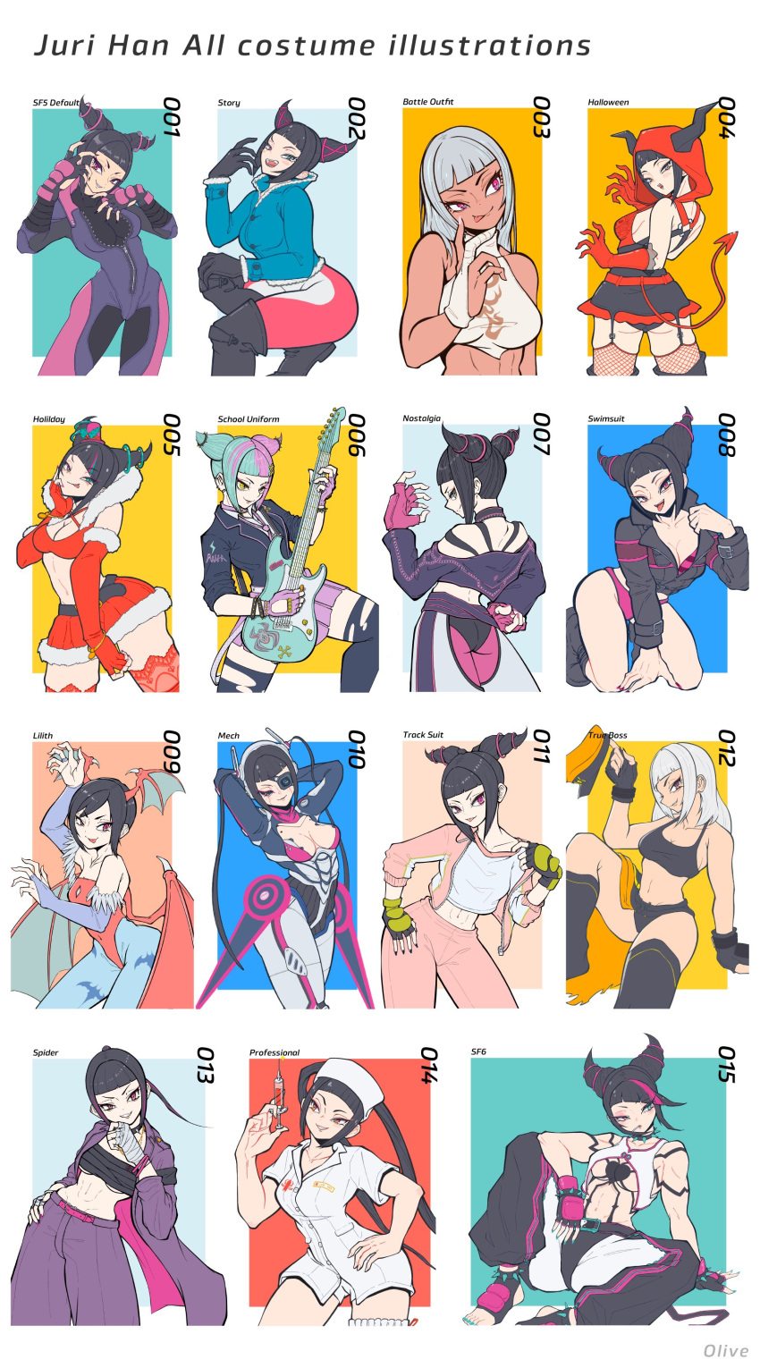 absurdres alternate_color black_hair breasts cleavage hair_horns han_juri highres looking_at_viewer multiple_persona official_alternate_costume smile street_fighter street_fighter_6 street_fighter_iv_(series) street_fighter_v tunacan_olive