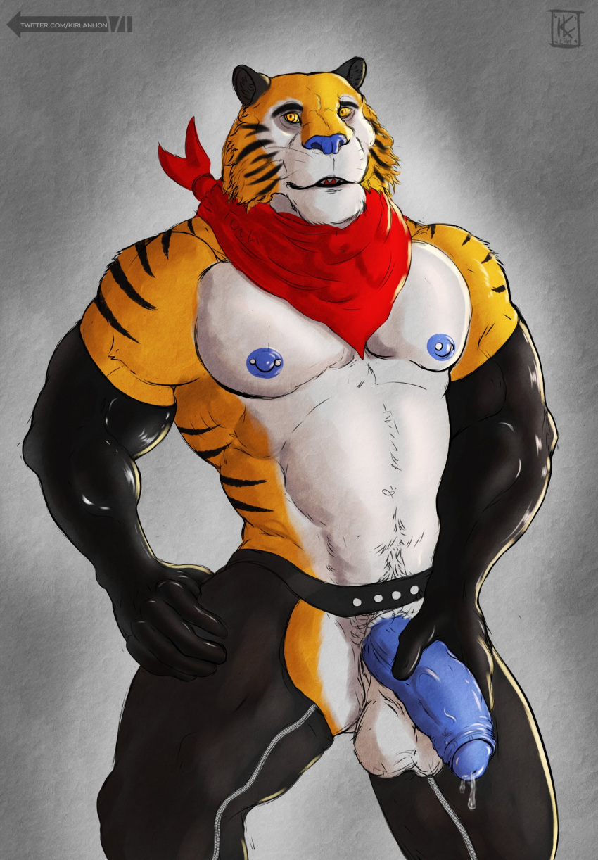 anthro armwear big_penis blue_nipples blue_penis bodily_fluids chaps clothing cum elbow_gloves felid frosted_flakes fur genital_fluids genitals gloves half-erect handwear hi_res holding_penis kellogg's kirlanlion leaking_cum leaking_precum looking_at_viewer male mammal mascot muscular muscular_anthro muscular_male nipple_piercing nipples orange_body orange_fur pantherine penis piercing precum scarf solo striped_body striped_fur stripes tiger tony_the_tiger vein veiny_penis white_body white_fur