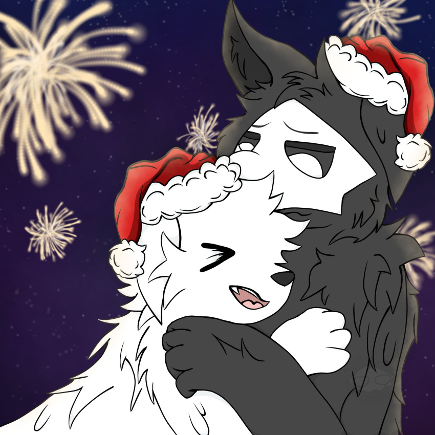 4_fingers anthro black_body black_fur black_nose black_sclera canid canine canis changed_(video_game) christmas christmas_clothing christmas_headwear clothing daww duo embrace eyes_closed fingers fireworks fur goo_creature hat headgear headwear hi_res holidays hug lin_(changed) male mammal mask open_mouth outside puro_(changed) puroxxd santa_hat starscape white_body white_eyes white_fur wolf