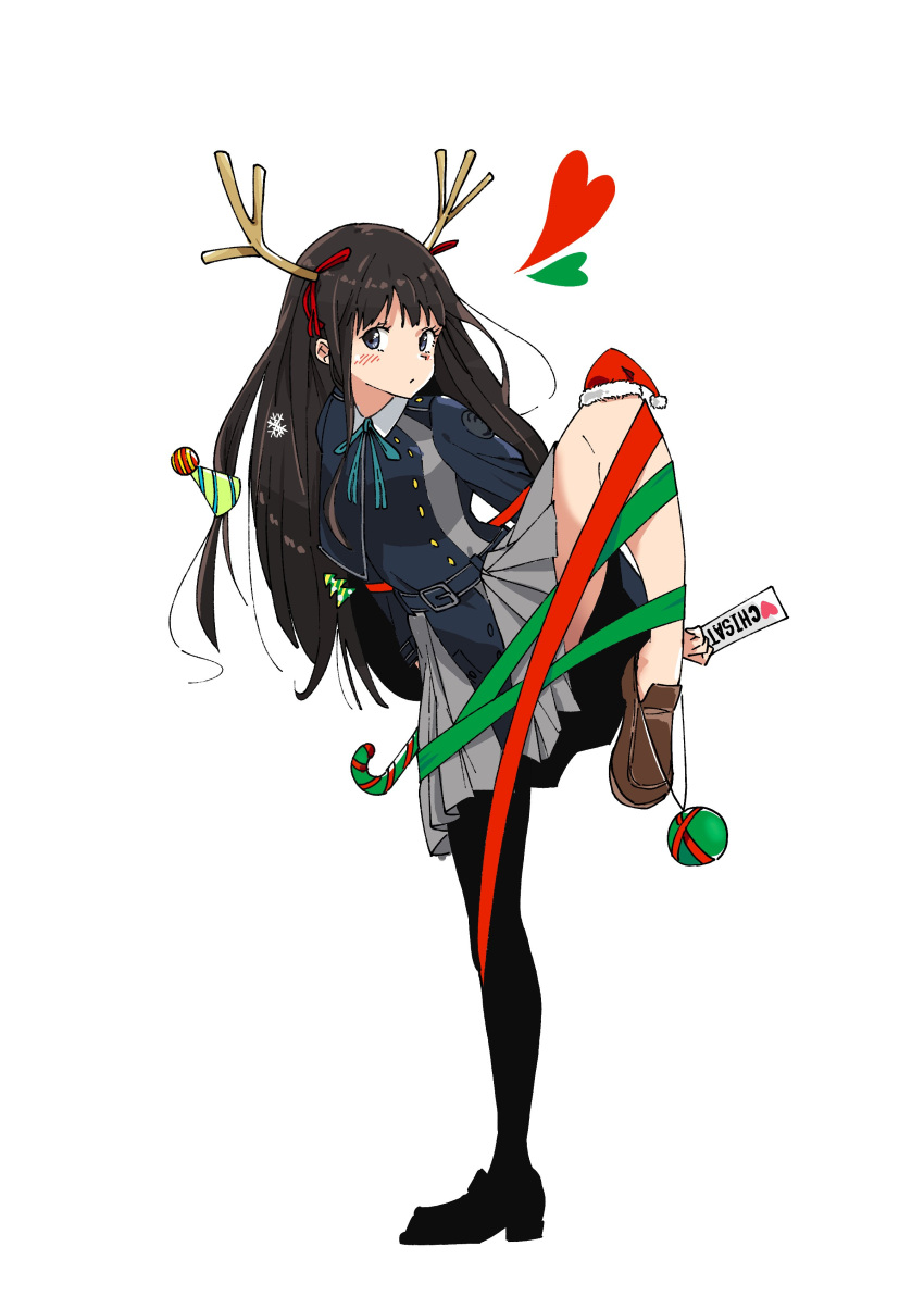 1girl absurdres antlers asymmetrical_footwear bangs black_eyes black_footwear black_hair black_thighhighs blue_dress blue_ribbon blush brown_footwear card christmas_ornaments closed_mouth collared_dress commentary dress fake_antlers grey_dress hat heart highres holding holding_card inoue_takina leg_up loafers long_hair looking_at_viewer lycoris_recoil lycoris_uniform mini_hat mini_santa_hat mismatched_footwear misskiwi neck_ribbon no_socks pantyhose party_hat pleated_dress reindeer_antlers ribbon santa_hat shoes simple_background single_thighhigh solo standing straight_hair thighhighs two-tone_dress white_background