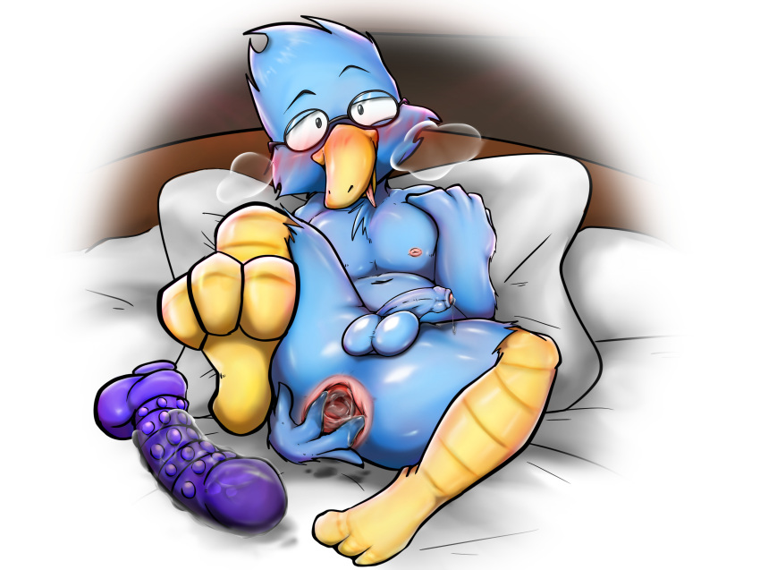 2022 after_anal after_anal_masturbation after_masturbation anthro anus avian balls beak bed berdly biped bird bird_feet blue_balls blue_body blue_feathers blue_penis blush butt deltarune digital_media_(artwork) dildo eyewear feathers foreskin furniture gaping gaping_anus genitals glasses half-erect hi_res humanoid_genitalia humanoid_penis looking_at_viewer lying male nipples on_back on_bed penis presenting presenting_anus presenting_hindquarters round_glasses sex_toy simple_background solo undertale_(series) white_background yamausagi0619 yellow_beak