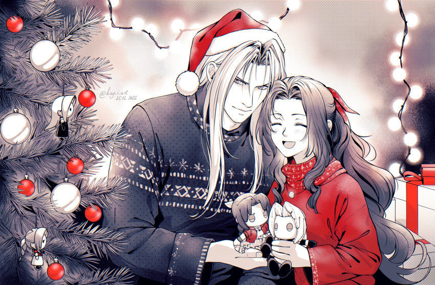 1boy 1girl aerith_gainsborough alternate_costume bangs blurry blurry_background box christmas_lights christmas_ornaments christmas_sweater christmas_tree closed_eyes dated elena_ivlyushkina final_fantasy final_fantasy_vii final_fantasy_vii_remake fur-trimmed_headwear gift gift_box hair_ribbon hat highres holding holding_stuffed_toy indoors jewelry long_bangs long_hair long_sleeves looking_at_viewer merchandise monochrome necklace open_mouth parted_bangs ponytail red_headwear red_ribbon red_scarf red_sweater ribbon santa_hat scarf sephiroth sidelocks smile spot_color straight_hair stuffed_toy sweater twitter_username upper_body wavy_hair