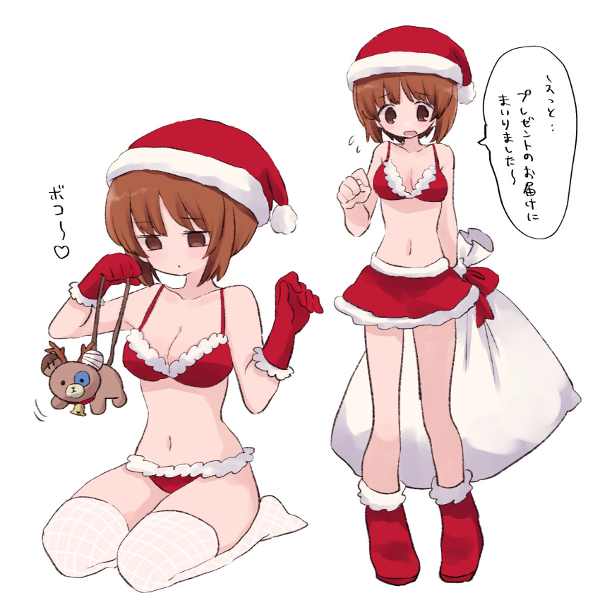 1girl ankle_boots antlers arm_behind_back bangs bell bikini bikini_top_only blush boko_(girls_und_panzer) boots breasts brown_eyes brown_hair christmas closed_mouth commentary fishnet_thighhighs fishnets flying_sweatdrops frown fur-trimmed_bikini fur-trimmed_gloves fur-trimmed_skirt fur_trim girls_und_panzer gloves hat heart highres holding holding_sack kneeling lingerie looking_at_viewer medium_breasts miniskirt motion_lines multiple_views navel nishizumi_miho open_mouth red_bikini red_footwear red_gloves red_skirt reindeer_antlers ri_(qrcode) sack santa_bikini santa_boots santa_gloves santa_hat short_hair simple_background skirt standing stuffed_animal stuffed_toy swimsuit teddy_bear thighhighs underwear white_background white_thighhighs