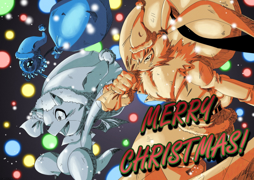 absurd_res anthro bandai_namco blush bottomwear christmas christmas_clothing christmas_headwear clothing digimon digimon_(species) digimon_ghost_game female feral gammamon gloves goichimonji group handwear hat headgear headwear hi_res holidays horn jellymon lagomorph leporid long_ears male mammal pants ponytail_ears rabbit santa_hat shirtless small_waist symbareangoramon tentacles trio