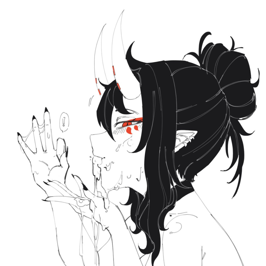 ! 1girl after_fellatio ahoge ameiarts black_hair blush choker collar cum cum_in_mouth cum_on_hands cum_string earrings eyeshadow facial facial_mark fellatio_gesture fingernails from_side greyscale hair_between_eyes hair_bun happy_facial high_contrast highres horns jewelry lineart long_fingernails long_hair looking_at_viewer makeup messy_hair mole mole_on_collarbone monochrome multiple_earrings nude oni oni_horns open_mouth oral_invitation original pointy_ears red_eyes red_eyeshadow simple_background single_hair_bun skull slit_pupils solo speech_bubble white_background