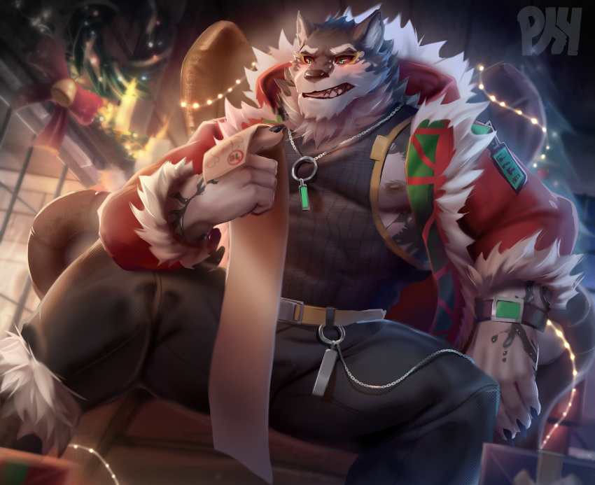 abs absurd_res anthro black_and_white_fur canid canine canis christmas christmas_clothing clothing domestic_dog green_eyes hi_res holidays husky lifewonders live-a-hero male mammal monomasa muscular muscular_anthro muscular_male nipples nordic_sled_dog pecs physen red_sclera solo spitz