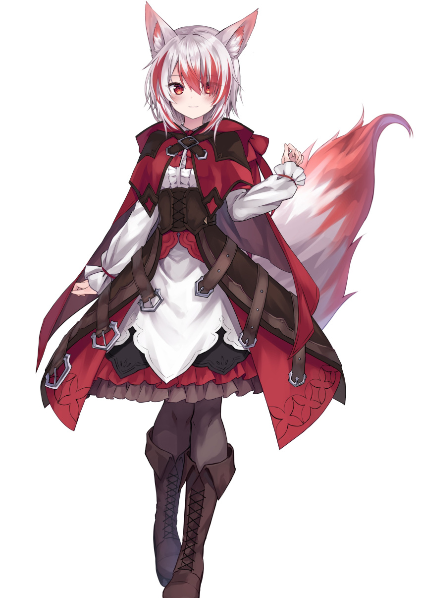 1girl absurdres animal_ears boots brown_footwear capelet corset dress fox_ears fox_girl fox_tail frilled_skirt frills full_body highres hood hood_down hooded_capelet kure~pu long_sleeves multicolored_hair puffy_long_sleeves puffy_sleeves red_capelet red_eyes red_hair red_skirt second-party_source short_hair simple_background skirt smile standing streaked_hair syusetu_kohaku tail two-tone_hair vee_(vtuber) white_background white_dress white_hair