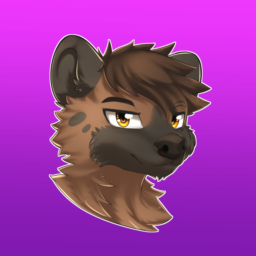 1:1 ambiguous_gender anthro brown_body brown_fur brown_hair cheek_tuft closed_smile eyebrow_through_hair eyebrows facial_tuft fur glistening glistening_eyes grey_body grey_fur hair headshot_portrait hi_res hyena kewkungzn looking_at_viewer mammal mouth_closed narrowed_eyes neck_tuft orange_eyes portrait purple_background simple_background slight_smile solo translucent translucent_hair tuft unsigned