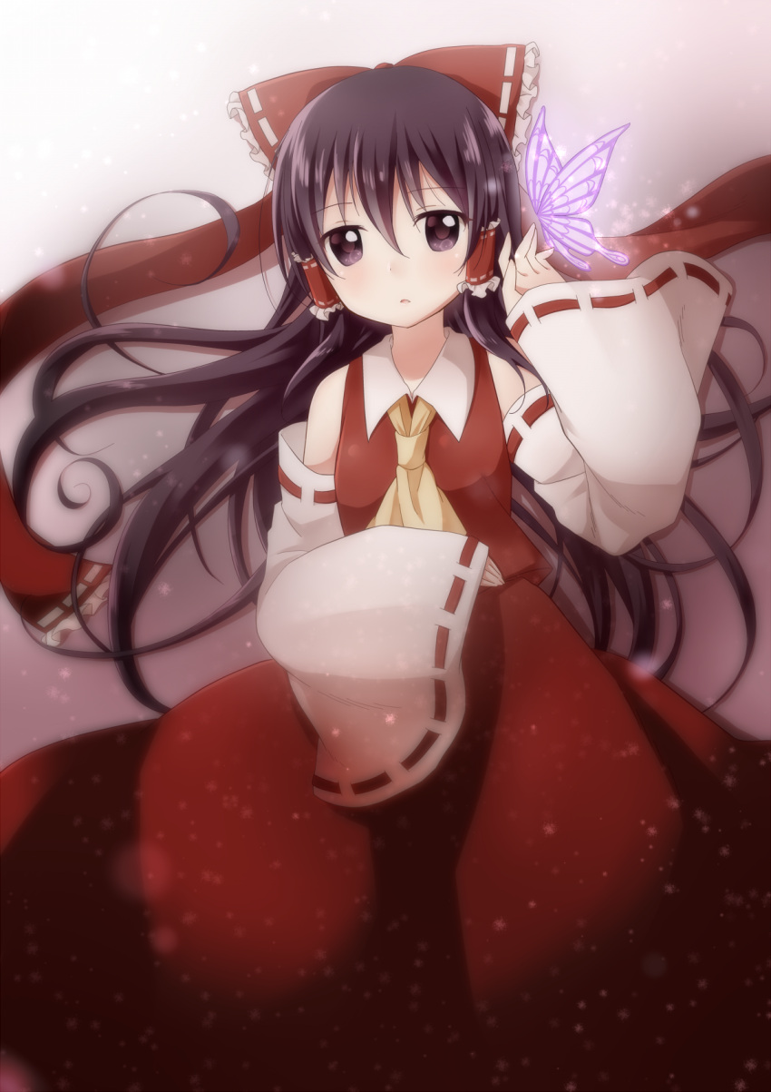 1girl alternate_eye_color ascot bandages bangs bare_shoulders black_hair blue_sky blush bow branch breasts bug butterfly butterfly_wings cherry_blossoms closed_mouth cloud cloudy_sky coin collared_shirt detached_sleeves flying frills gradient gradient_sky grass hair_between_eyes hakurei_reimu hand_up highres house long_hair long_sleeves looking_at_viewer medium_breasts midriff_peek orange_eyes petals red_bow red_shirt red_skirt ribbon-trimmed_sleeves ribbon_trim sarashi shirt skirt sky solo standing star_(symbol) teeth touhou tree white_sky wide_sleeves wings yamisaki_(ymsk_xx) yellow_ascot