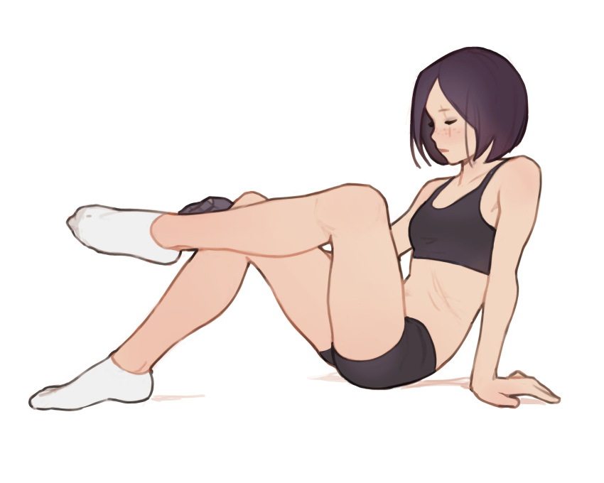 1girl absurdres bare_arms bare_legs bare_shoulders bike_shorts black_hair breasts closed_eyes closed_mouth from_side full_body highres luimiart medium_hair original profile scar scar_across_eye simple_background small_breasts socks solo sports_bra white_background white_socks