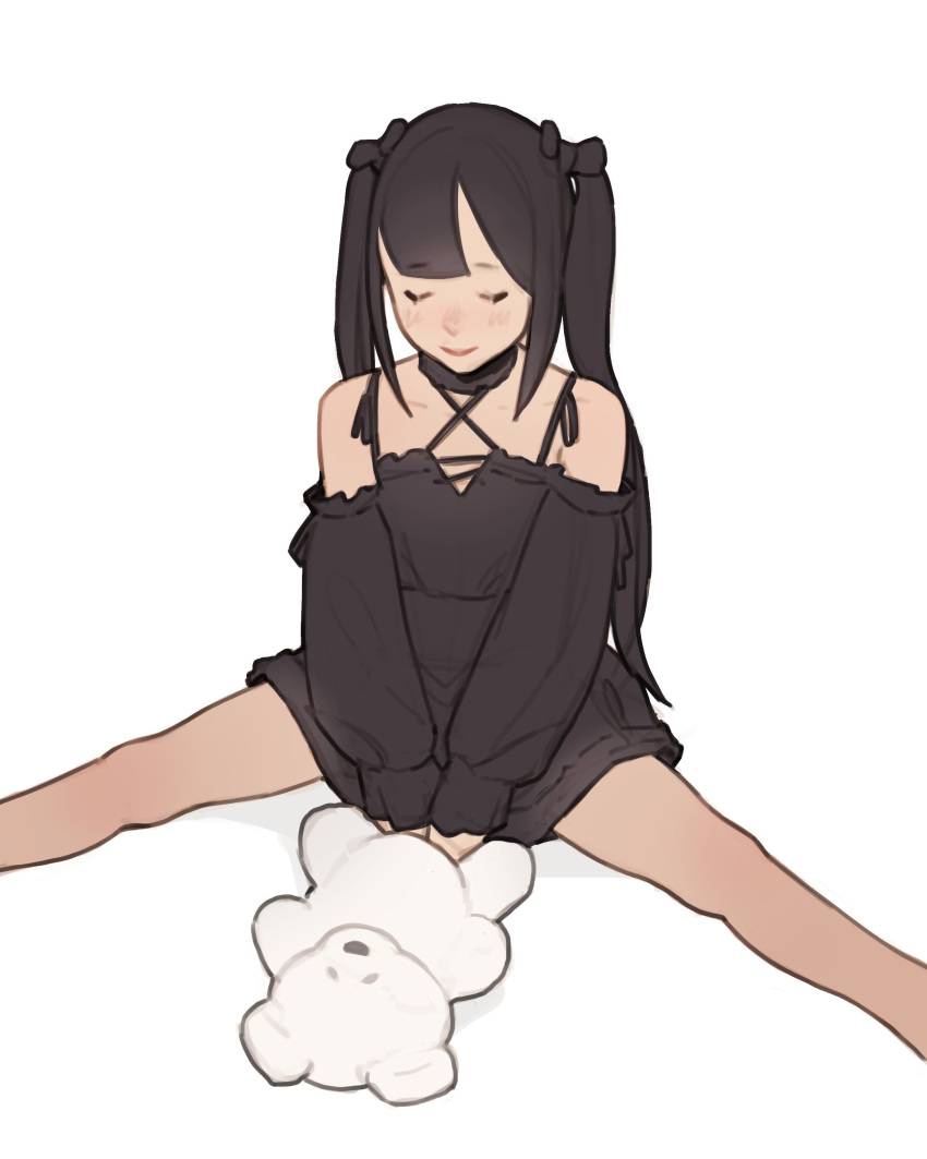 1girl absurdres black_dress black_hair closed_eyes closed_mouth commission criss-cross_halter detached_sleeves dress facing_viewer feet_out_of_frame halterneck highres long_hair long_sleeves luimiart original simple_background sitting sketch smile solo stuffed_animal stuffed_toy teddy_bear twintails white_background