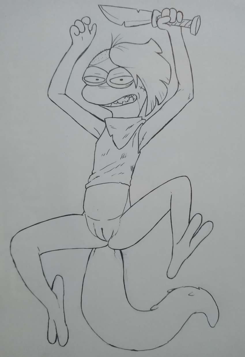 2022 absurd_res amphibia_(series) amphibian anthro bandanna_on_neck bottomless bottomless_female clothed clothing disney female hi_res holding_knife holding_object knife lying monochrome newt on_back perrox ruth_hassleback salamander_(amphibian) side_shave solo traditional_media_(artwork)