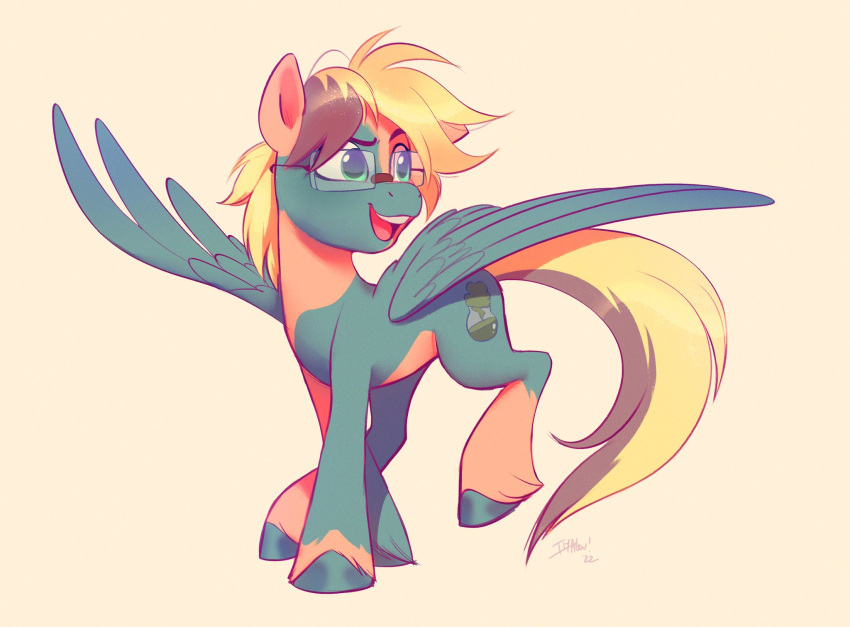 2022 blonde_hair cutie_mark digital_media_(artwork) equid equine eyebrows eyewear fan_character feathered_wings feathers feral fetlocks glasses green_body green_feathers hair hasbro hi_res hooves imalou leg_tuft male mammal multicolored_body multicolored_hair my_little_pony open_mouth open_smile orange_body pegasus signature simple_background smile solo spread_wings teeth tuft two_tone_body two_tone_hair two_tone_tail wings yellow_tail