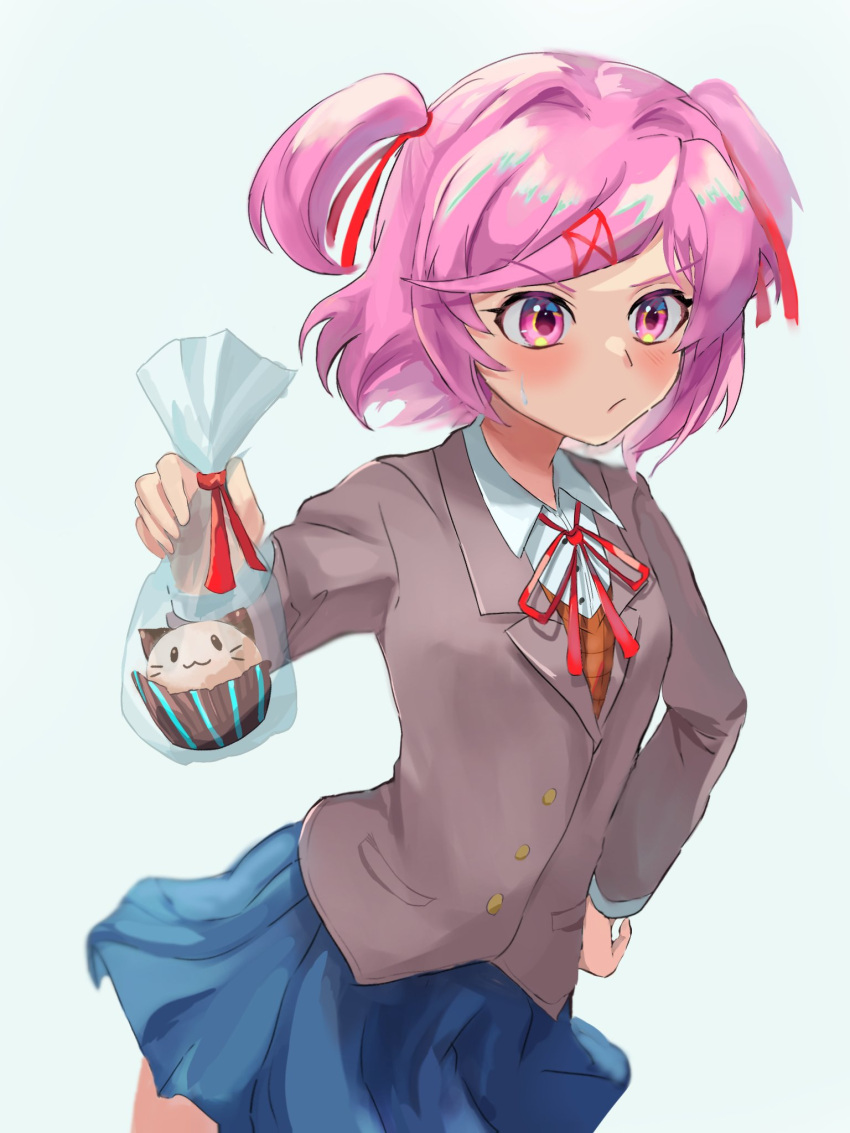 1girl animal_ears bag bangs blazer blue_skirt blush bob_cut breasts brown_sweater_vest cat_ears closed_mouth commentary cowboy_shot cupcake doki_doki_literature_club dress_shirt embarrassed food giving grey_jacket hair_between_eyes hair_ornament hand_on_hip highres holding holding_bag holding_food incoming_food incoming_gift jacket looking_at_viewer natsuki_(doki_doki_literature_club) neck_ribbon pink_eyes pink_hair plavoid pleated_skirt pursed_lips red_ribbon ribbon school_uniform shirt short_hair simple_background skirt small_breasts solo sweatdrop sweater_vest swept_bangs tsundere two_side_up v-shaped_eyebrows whiskers white_background white_shirt x_hair_ornament