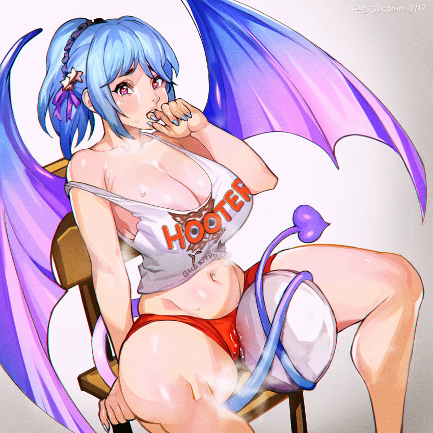 1girl areola_slip belly biting blue_hair breasts chair character_request cleavage clothed_masturbation clothes_writing commission copyright_request crotch_rub demon_girl demon_tail demon_wings employee_uniform female_masturbation finger_biting finger_in_own_mouth heart heart-shaped_pupils highres hooters huge_breasts keigi looking_at_viewer masturbation masturbation_through_clothes medium_hair navel no_bra orange_shorts ponytail prehensile_tail purple_tail purple_wings pussy_juice pussy_juice_stain red_eyes short_shorts shorts sitting solo spread_legs strap_slip symbol-shaped_pupils tail tank_top thick_thighs thighs tray uncommon_stimulation uniform waitress wings