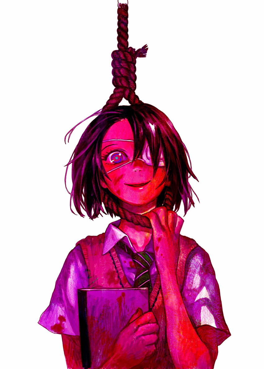 1girl absurdres aqua_pupils bangs black_hair blood blood_on_clothes blood_splatter blue_eyes cardigan cardigan_vest collared_shirt crazy crazy_eyes eyepatch green_necktie hanged highres hinami_shiina holding holding_notebook holding_rope holding_to_chest looking_at_viewer medical_eyepatch multicolored_eyes necktie noose notebook one_eye_covered open_mouth parted_bangs pink_theme red_eyes rope satomi_yuu school_uniform shirt short_hair short_sleeves simple_background smile solo white_background white_shirt wide-eyed yakedo_shoujo