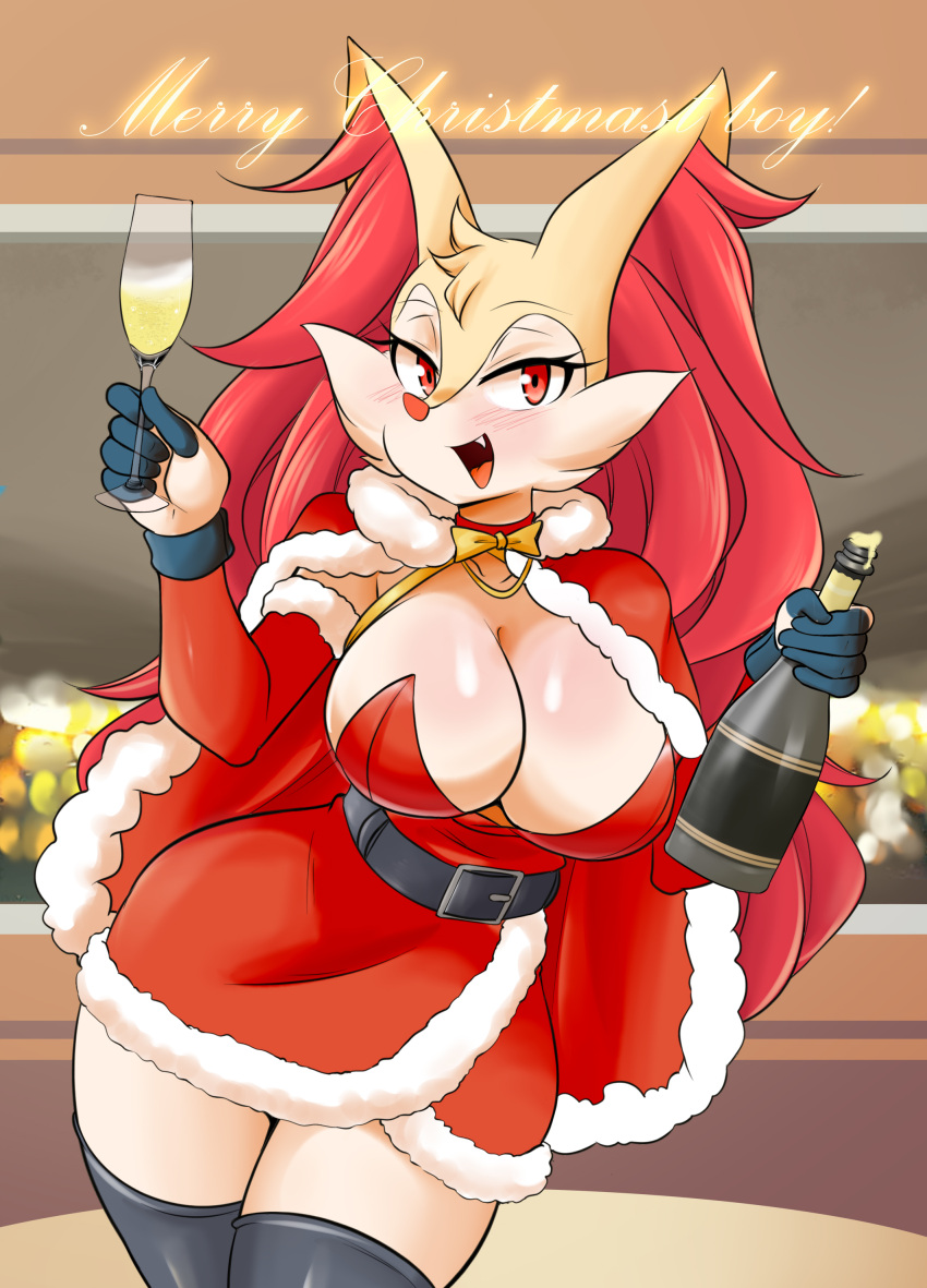 absurd_res alcohol anthro beverage big_breasts blush blush_lines braixen bray_(lucyfercomic) breasts christmas clothing container costume cup detailed_background drinking_glass female generation_6_pokemon glass glass_container glass_cup hi_res holidays legwear liquid lucyfercomic nintendo pokemon pokemon_(species) santa_costume smile solo stockings text thick_thighs wine wine_bottle wine_glass