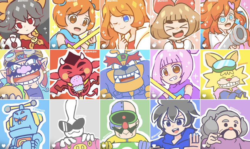 ana_(warioware) ashley_(warioware) dr._crygor dribble_(warioware) highres kat_(warioware) lulu_(warioware) master_mantis mike_(warioware) mona_(warioware) orbulon penny_crygor red_(warioware) skmkz10 spitz wario warioware young_cricket