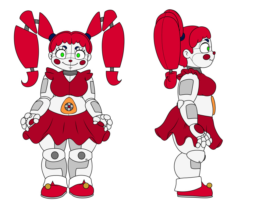 absurd_res animatronic big_breasts big_butt blush bottomwear breasts butt chubby_female circus_baby_(fnaf) clothed clothing clown crop_top eyebrows female five_nights_at_freddy's footwear front_view green_eyes hair hi_res humanoid lips looking_at_viewer machine model_sheet not_furry pigtails pillothestar red_cheeks red_clothing red_footwear red_hair red_shoes robot robot_humanoid scottgames shirt shoes side_view sister_location skirt smile solo thick_bottom_lip thick_eyebrows thick_thighs topwear white_body wide_hips