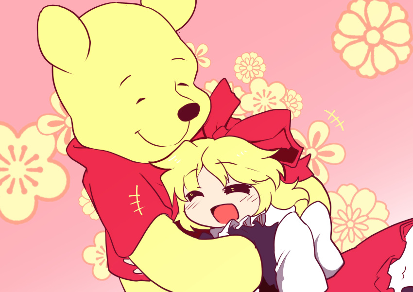 :d ^_^ absurdres blonde_hair brown_shirt closed_eyes commentary_request disney floral_background hair_ribbon happy highres hug kanisawa_yuuki medicine_melancholy open_mouth pink_background pooh red_ribbon red_shirt red_skirt ribbon shirt skirt smile touhou wavy_hair winnie_the_pooh