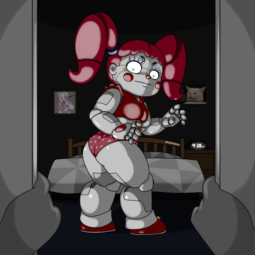 absurd_res animatronic anon bed bedroom big_breasts big_butt blush bottomwear breasts butt butt_focus chica_(fnaf) chubby_female circus_baby_(fnaf) clock closet clothed clothing clown crop_top disembodied_hand eyebrows felid feline female first_person_view five_nights_at_freddy's footwear freddy_fazbear's_pizzeria_simulator funtime_chica_(fnaf) furniture green_eyes hair hi_res humanoid lips looking_at_viewer looking_back machine mammal meme model_sheet not_furry panties picture_frame picture_in_picture pigtails pillothestar polka_dot_panties polka_dots rear_view red_cheeks red_clothing red_footwear red_hair red_shoes robot robot_humanoid scottgames shirt shoes sister_location solo surprised_expression thick_bottom_lip thick_eyebrows thick_thighs topwear underwear white_body wide_hips
