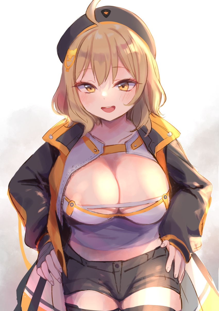 1girl ahoge anis_(nikke) bangs black_headwear black_jacket black_shorts blush breasts brown_hair cleavage commentary_request goddess_of_victory:_nikke gucchiann hair_ornament hands_on_hips hat highres jacket large_breasts long_sleeves open_clothes open_jacket open_mouth orange_eyes short_shorts shorts simple_background solo thighhighs