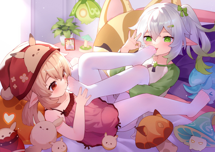 2girls bangs blonde_hair bow commentary_request cross-shaped_pupils dodoco_(genshin_impact) feet foot_focus foot_worship genshin_impact gradient_hair green_bow green_eyes green_hair grey_hair hair_between_eyes hair_bow hair_ornament hairclip hands_on_feet hat highres holding_another's_foot indoors klee_(genshin_impact) licking licking_foot lingerie long_sleeves multicolored_hair multiple_girls mutual_foot_licking nahida_(genshin_impact) negligee nightcap nightstand no_shoes on_bed pantyhose photo_(object) pillow pointy_ears red_eyes red_headwear revision shirt side_ponytail symbol-shaped_pupils toes tsubasa_tsubasa underwear white_pantyhose white_shirt yuri