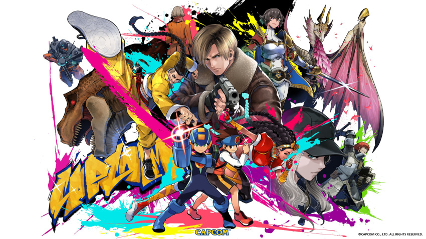 arisen_(dragon's_dogma) arm_cannon ashley_graham back capcom company_connection crossover dragon's_dogma exoprimal fangs fiorayne_(monster_hunter) glowing glowing_eyes graffiti hat highres jamie_(street_fighter) kimberly_(street_fighter) lan_hikari_(mega_man) leon_s._kennedy looking_at_viewer malzeno_(monster_hunter) mega_man_(series) mega_man_battle_network megaman.exe monster_hunter_(series) monster_hunter_rise multiple_crossover official_art power_suit resident_evil resident_evil_4 resident_evil_4_(remake) resident_evil_village rosemary_winters sharp_teeth street_fighter street_fighter_6 teeth third-party_source weapon