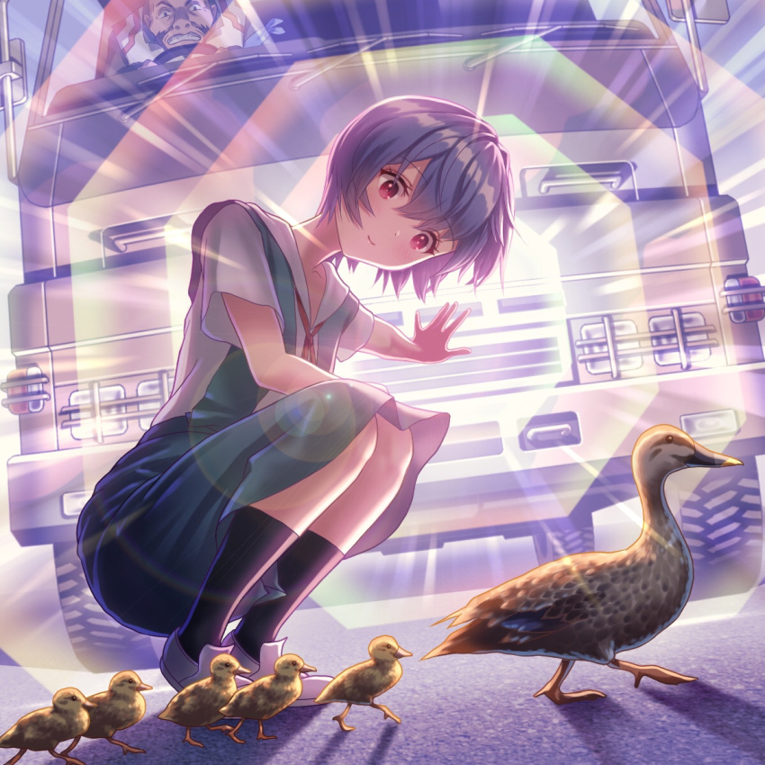 1boy 1girl \||/ at_field ayanami_rei bangs beard bird black_hair black_socks blue_dress blurry blush bokeh breasts closed_mouth commentary depth_of_field dress dress_shirt driving duck duckling dutch_angle energy_barrier facial_hair full_body ground_vehicle hair_between_eyes hand_on_lap highres imminent_injury isekai_truck light_smile loafers looking_at_animal looking_at_another looking_down medium_breasts motor_vehicle neck_ribbon neon_genesis_evangelion outstretched_arm outstretched_hand pinafore_dress queue red_eyes red_ribbon ribbon road school_uniform semi_truck shadow shirt shoes short_hair short_sleeves smile socks solo_focus spoilers squatting surprised truck very_short_hair walking white_footwear white_shirt yahha